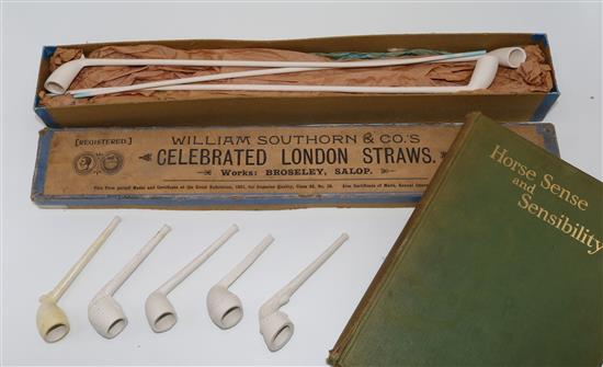 Two boxes of William Southorn Celebrated London Straws, a quantity of smaller clay pipes & 4 books on smoking collectables